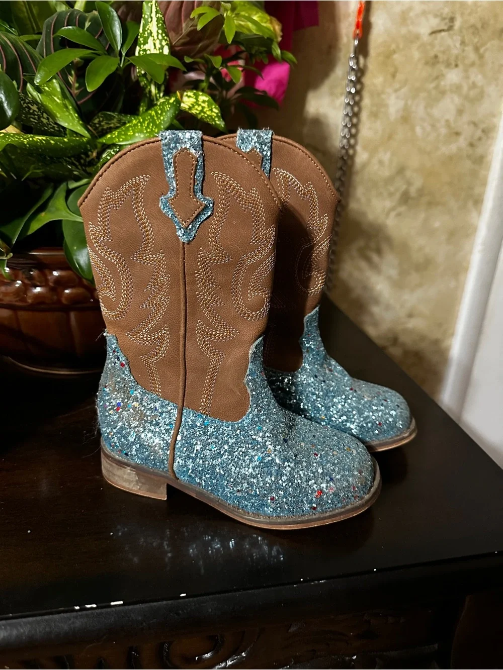 Girls Teal Glitter & Brown Western Boots - Kids Pull-On Cowboy Style